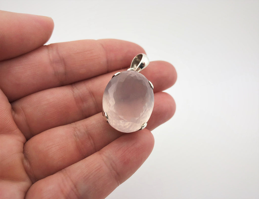 Rosenquarz Anhänger 925 Silber – großer oval facettierter Edelstein AAA – Bild 5