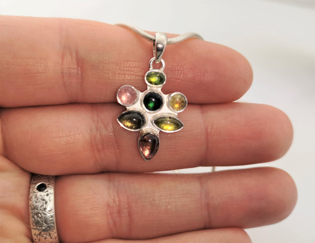Mehrfarbiger Turmalin Anhänger in 925 Silber – sieben Cabochons in Regenbogenfarben – Bild 10