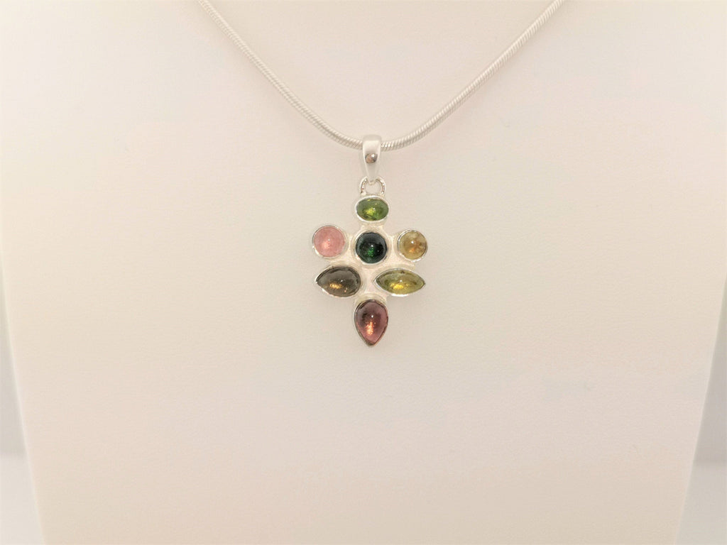 Mehrfarbiger Turmalin Anhänger in 925 Silber – sieben Cabochons in Regenbogenfarben – Bild 2