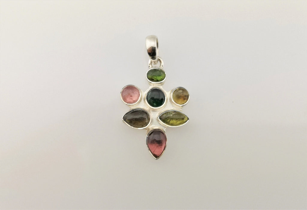 Mehrfarbiger Turmalin Anhänger in 925 Silber – sieben Cabochons in Regenbogenfarben – Bild 3