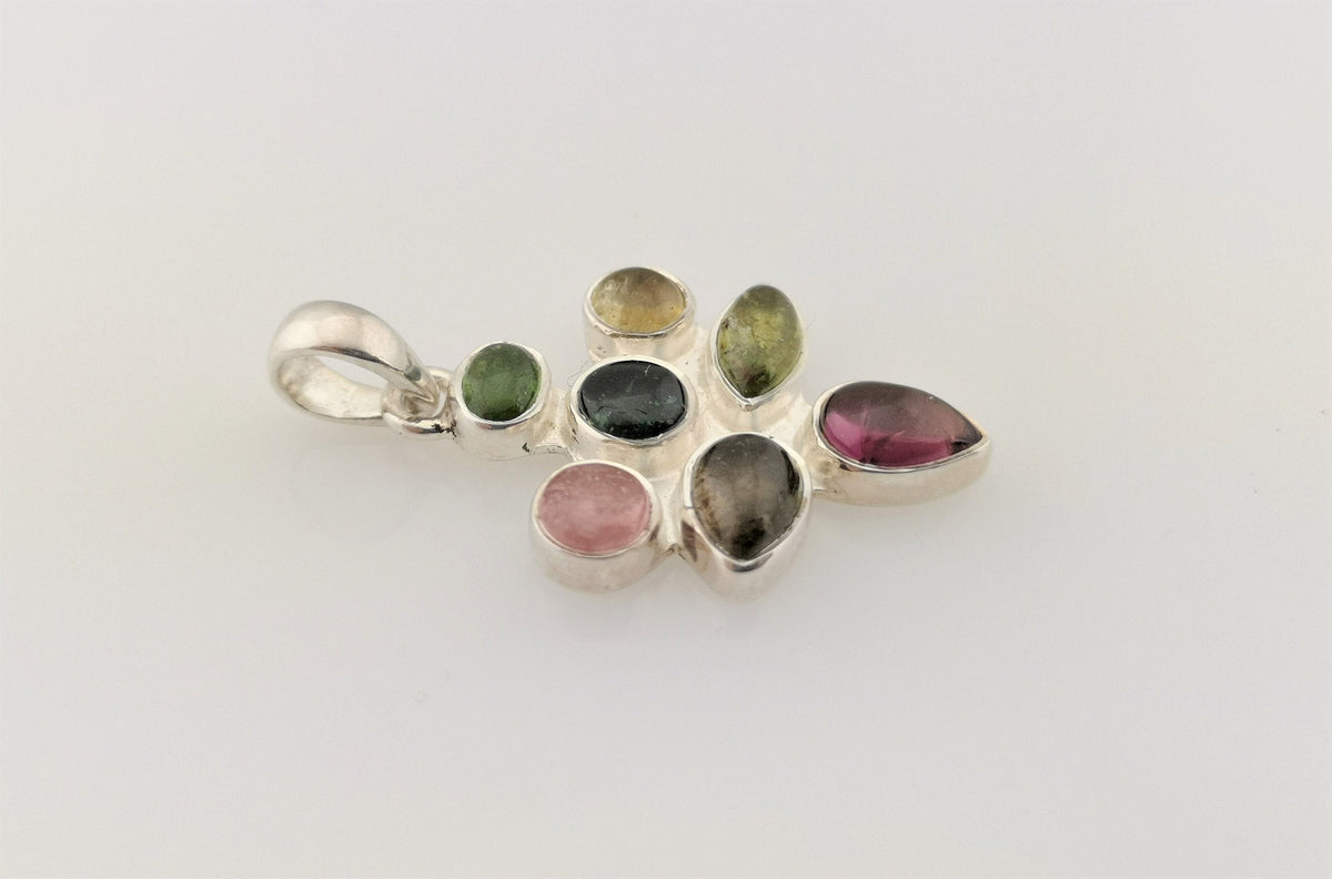 Mehrfarbiger Turmalin Anhänger in 925 Silber – sieben Cabochons in Regenbogenfarben – Bild 4