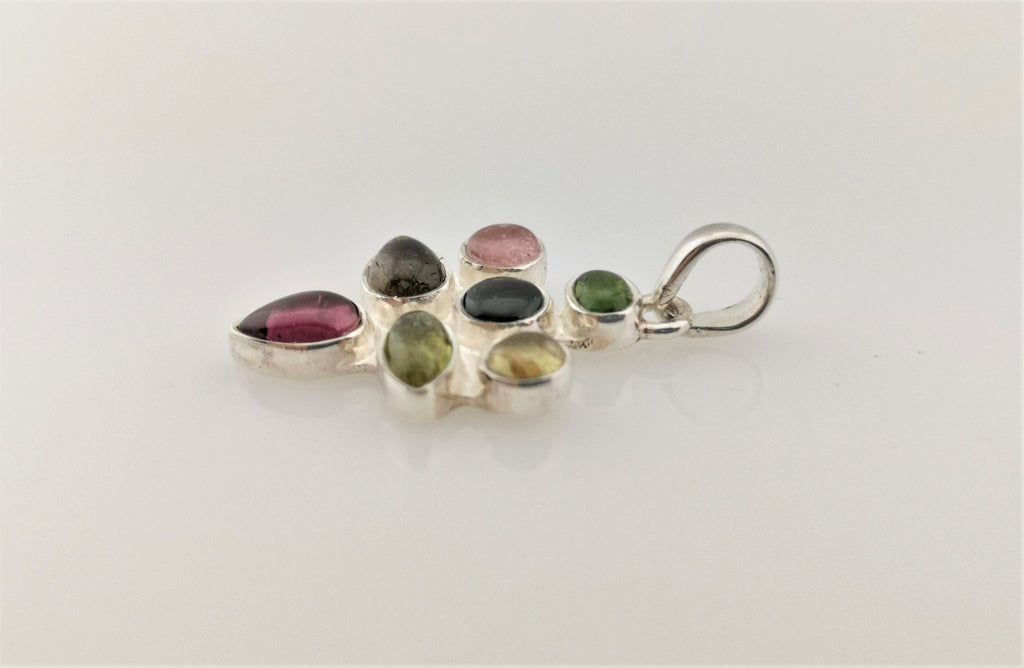 Mehrfarbiger Turmalin Anhänger in 925 Silber – sieben Cabochons in Regenbogenfarben – Bild 5