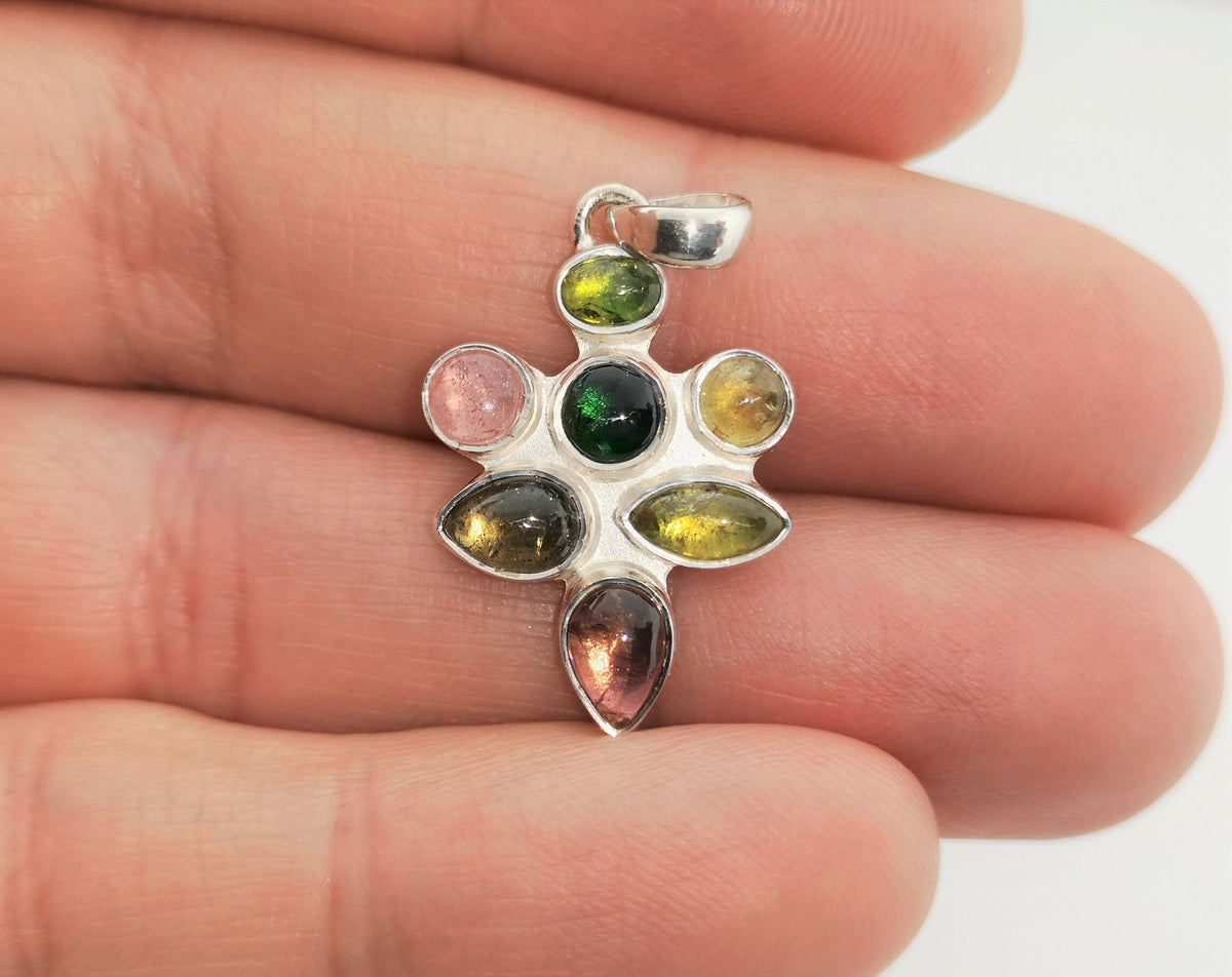 Mehrfarbiger Turmalin Anhänger in 925 Silber – sieben Cabochons in Regenbogenfarben – Bild 7