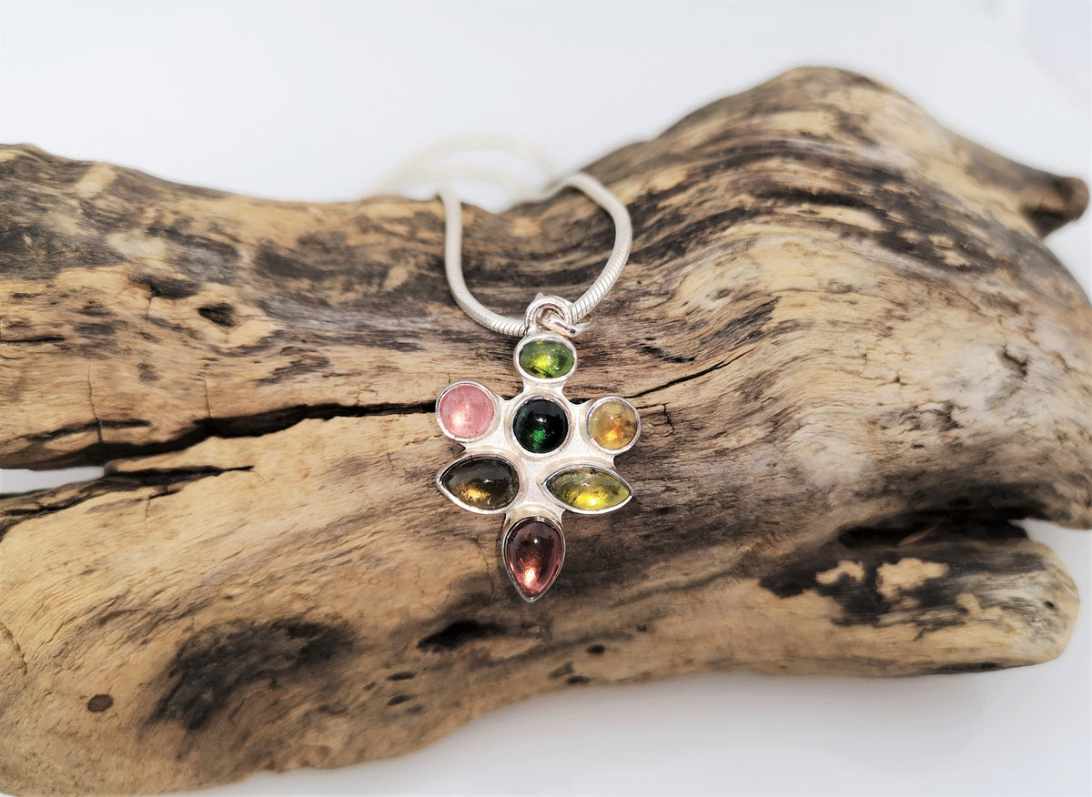 Mehrfarbiger Turmalin Anhänger in 925 Silber – sieben Cabochons in Regenbogenfarben – Bild 9