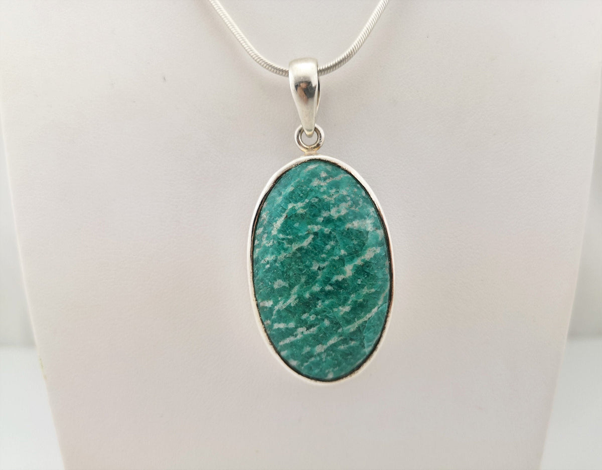 Großer Amazonit Anhänger 925 Silber – ovaler Cabochon – grüner Edelstein aus Russland – Bild 1