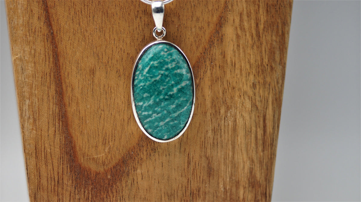 Großer Amazonit Anhänger 925 Silber – ovaler Cabochon – grüner Edelstein aus Russland – Bild 2
