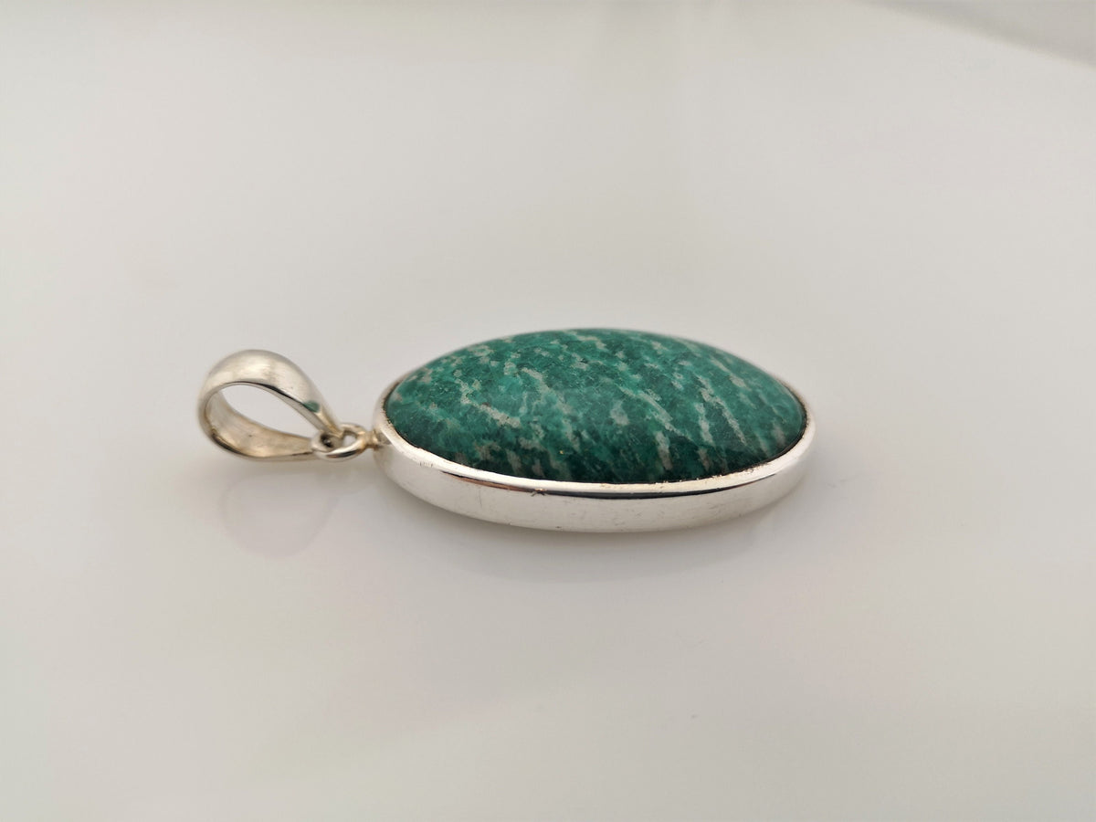 Großer Amazonit Anhänger 925 Silber – ovaler Cabochon – grüner Edelstein aus Russland – Bild 5