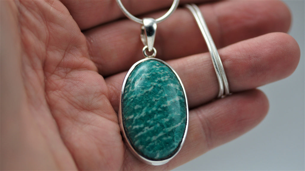 Großer Amazonit Anhänger 925 Silber – ovaler Cabochon – grüner Edelstein aus Russland – Bild 6
