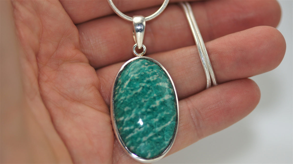 Großer Amazonit Anhänger 925 Silber – ovaler Cabochon – grüner Edelstein aus Russland – Bild 7